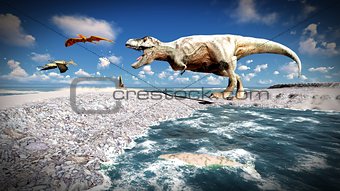Flying pterodactyl over the land 3d illustration