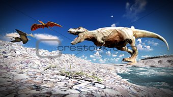Flying pterodactyl over the land 3d illustration