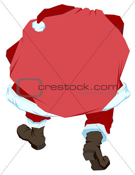 Santa Claus carries big bag with gifts. Back view