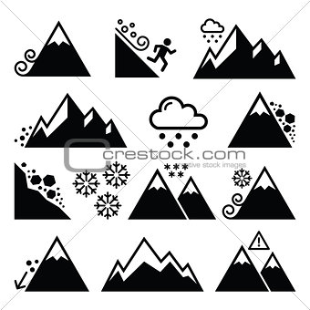 Mountains, avalanche, snowslide- natural disaster icons set