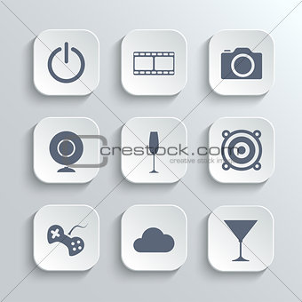 Multimedia icons set - vector white app buttons