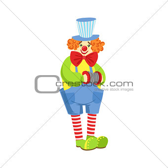 Colorful Friendly Clown With Miniature Accordion In Classic Outfit