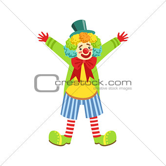 Colorful Friendly Clown With Multicolor Wig In Classic Outfit