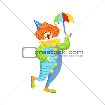 Colorful Friendly Clown With Mini Umbrella In Classic Outfit