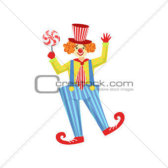 Colorful Friendly Clown With Lollypop In Classic Outfit