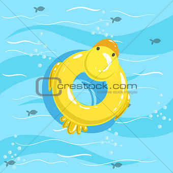 Toy Inflatable Duck Ring With Blue Sea Water On Background