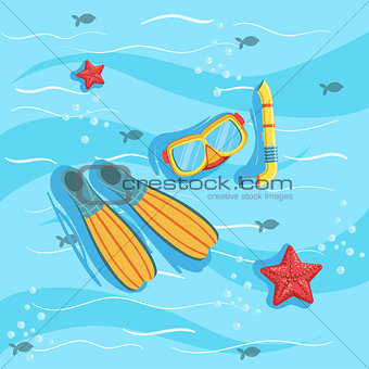 Snorkeling Equipment With Blue Sea Water On Background