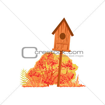 Bird House And Bush With Orange Leaves As Autumn Attribute
