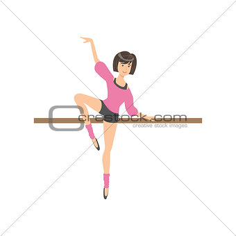 Girl Shorts And Pink Blouse In Ballet Dance Class Exercising With The Pole