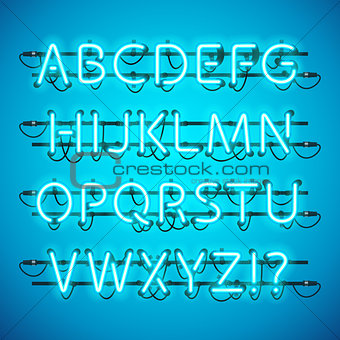 Glowing Neon Azure Blue Alphabet