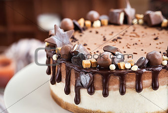 Two-ply chocolate cheesecake decorated with candies and frosting