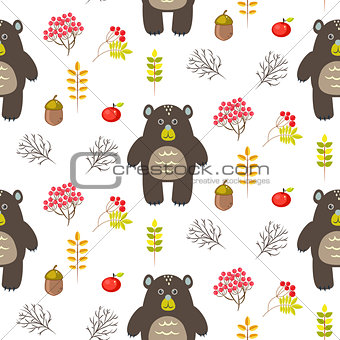 Bear in woods cartoon white seamless pattern.