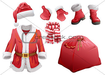 Set of Christmas accessories Santa Claus. Fur coat, hat, boots, mittens, striped scarf and bag with gifts