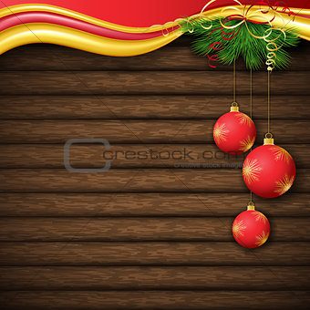 Christmas tree, and decorative elements on background of boards