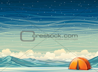 Winter landscape - travel tent and mountains at night sky.