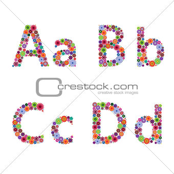 Alphabet with flowery letters A, B, C, D