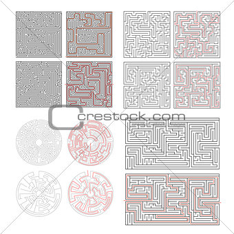 Set of different labyrinths with solutions on white