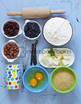 ingredients for baking cakes and muffins on the table