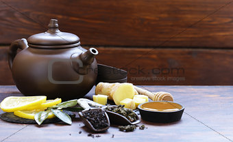 Tea set with ginger, lemon and honey