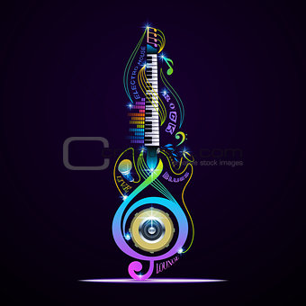 Musical instruments collage for rock, jazz, blues, lounge, electronic, live.