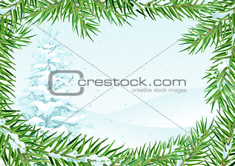 Winter landscape with snow fir. Fir branch under snow frame