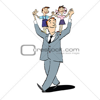 Happy father with children on their shoulders