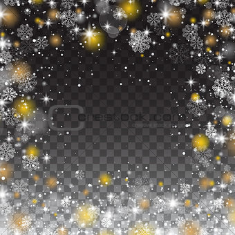 Snowflakes frame, snowfall Lights on transparent background. Falling Christmas Shining transparent beautiful snow. Vector illustration