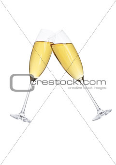 Glasses of sparkling champagne in motion for party