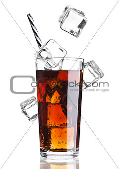 Glass of cola soda drink cold with ice cubes