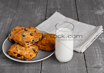 Glass of milk with fresh scones with raisins