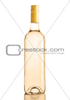 Bottle of white wine golden color on white