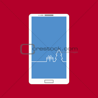 Flat vector illustration of modern smartphone touchscreen with a picture of the Christmas Design interface. Merry Christmas background with Christmas tree and gift.