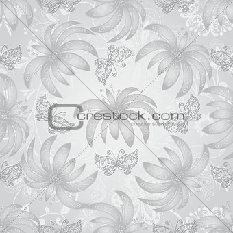 Vintage seamless pattern with gradient silvery flowers 