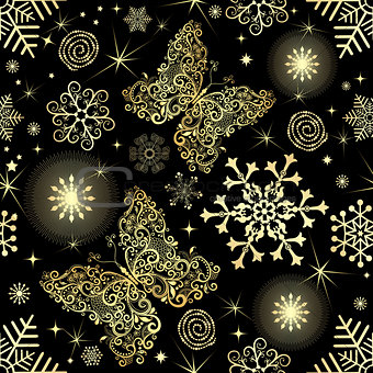 Seamless pattern with gold snowflakes and butterflies 