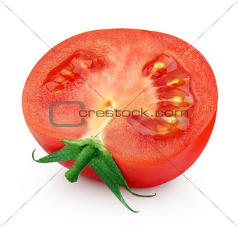 One half of red tomato on white