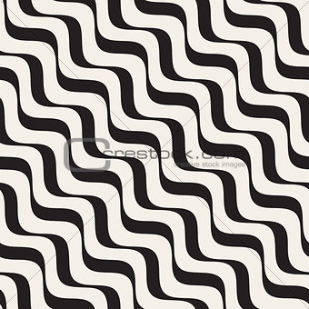 Vector Seamless Black and White Diagonal Wavy Lines Pattern