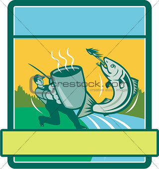 Fly Fisherman Catching Salmon Mug Rectangle Retro