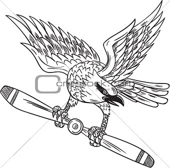 Shrike Clutching Propeller Blade Black and White Drawing