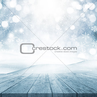 3D Christmas background with wooden table looking out to a snowy
