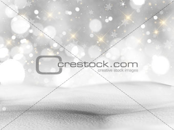 3D snowy landscape with bokeh lights and stars