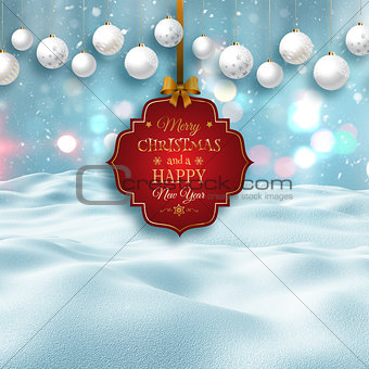 3D snowy landscape with decorative Christmas label and baubles