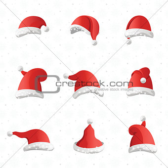Christmas various hats set in cartoon style on white background.