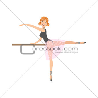 Girl In Pink Skirt In Ballet Dance Class Exercising With The Pole