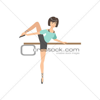 Girl In Training Outfit In Ballet Dance Class Exercising With The Pole