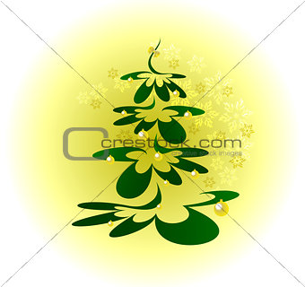 Christmas tree with gold balls on background with snowflakes. EPS10 vector illustration