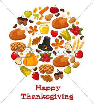 Happy Thanksgiving Day. Vector banner with traditional table plenty of food, roasted turkey, cornucopia with pumpkins, fruits and vegetables. Decoration for thanksgiving greeting cards