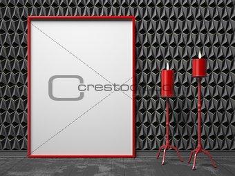 Blank picture frame and two red candlestick on black triangulate