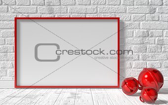 Mock-up red canvas frame, red Christmas sleigh bells and brick w