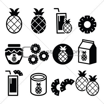 Pineapple fruit, pineapple slices, juice vector icons set