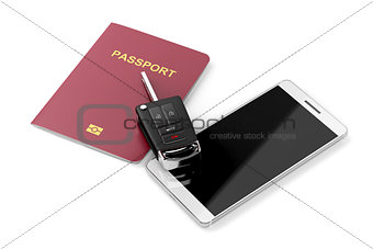 Smartphone, passport and car key
